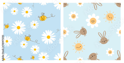 Seamless pattern with daisy flower, bee cartoons, bunny rabbit and sun cartoons on blue and blue mint backgrounds vector, Cute childish prints. © Thanawat