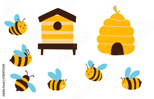 Colorful cute vector cartoon illustration set with bees