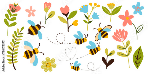 Colorful vector cartoon set of illustrations with honey, bees and flowers.