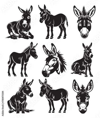 Collection of donkey silhouettes on white background