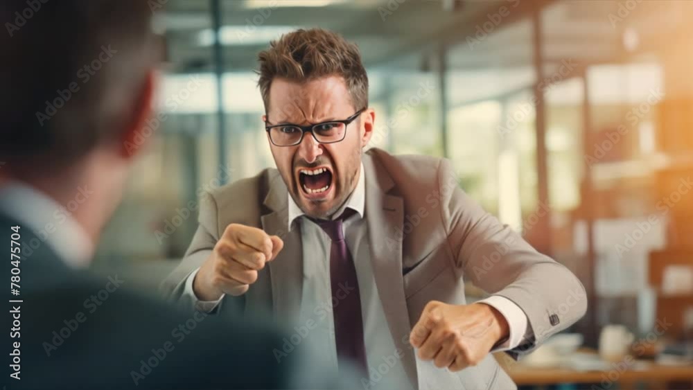 Angry yelling boss point arm to exit dismissing sad worker at office Angry yelling boss point arm to exit dismissing sad worker at office