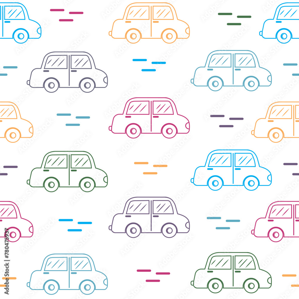 Cartoon Transportation Background for Kids. Vector Seamless Pattern with doodle Toy Cars