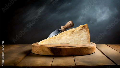 Close-up of a slice of Italian Parmesan cheese and old knife on a wooden cutting board and a wooden table top for products display and a blank chalkboard on background. Generative Ai.