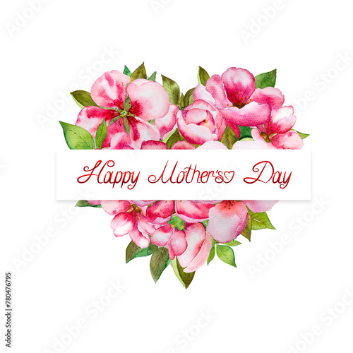 Colorful Mother's day heart with pink blossom and green leaves