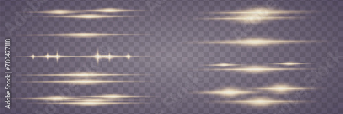 Set of bright golden flashes and lights. Horizontal flashes of lines and light flare. On a transparent background.