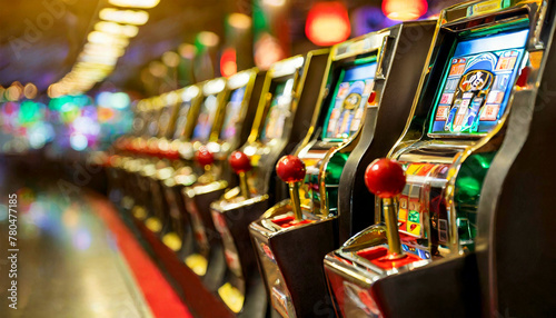 Row of casino slot machines with shallow depth of field. Las Vegas gambling theme. Generative Ai. photo