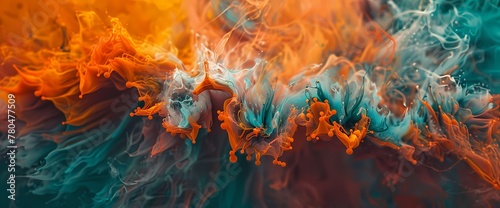 A burst of fiery orange and teal erupts, creating an abstract spectacle of vivid liquid artistry."