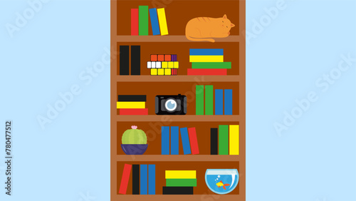 Bookshelf with books, cat and camera. Vector illustration.