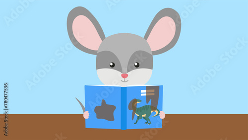Illustration of a mouse reading a book on a blue background.