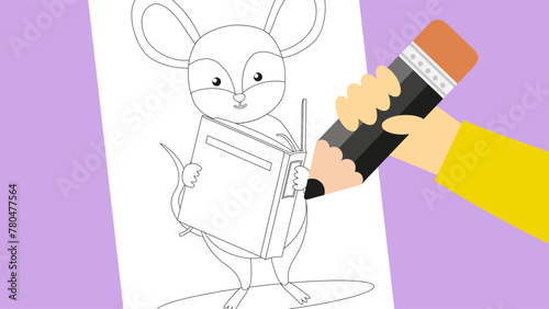 Rabbit holding a pencil and a book. Vector illustration in flat style