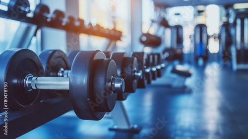 Dumbbells in modern gym, representing fitness, strength training, and healthy lifestyle.