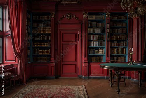books and bookshelves are in the room, in style of classical antiquity, darktable processing, crimson and brown, photorealistic detail,  commission for lively tableaus photo