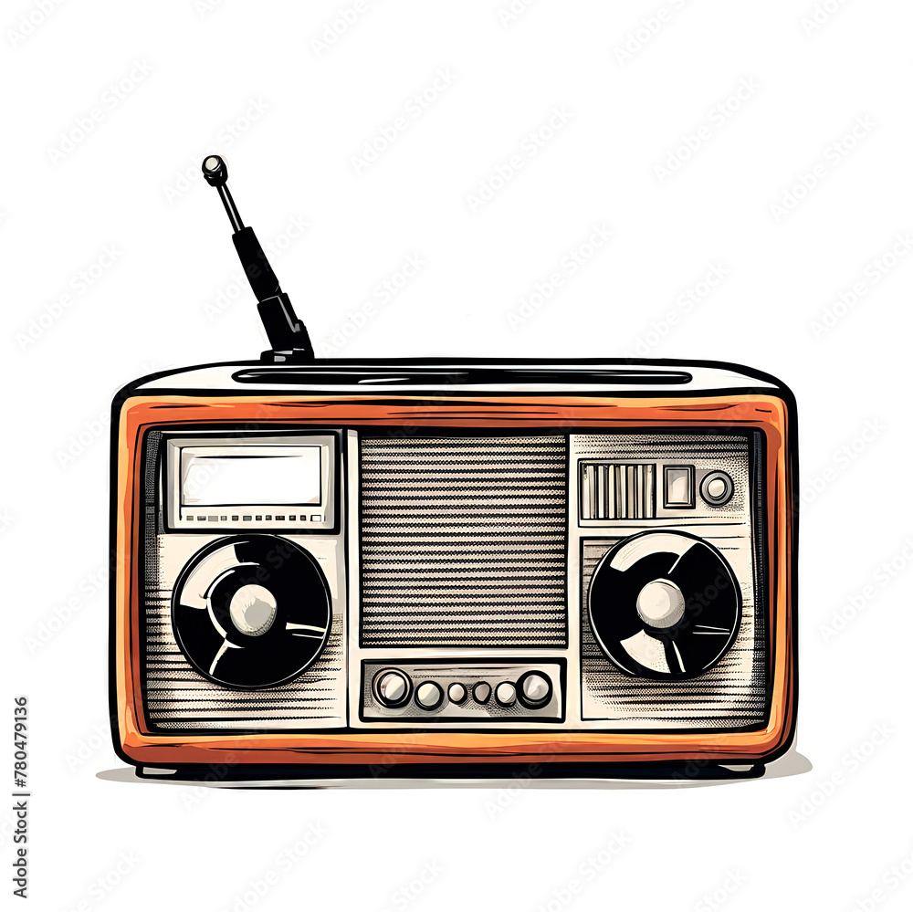 An antique radio set in the style of a comic book on a white background with a place for text. An antique radio set in the style of a comic book on a white background with a place for text.