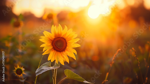 A sunflower is in a field with the sun setting in the background. The sunflower is the main focus of the image, and it is surrounded by other flowers
