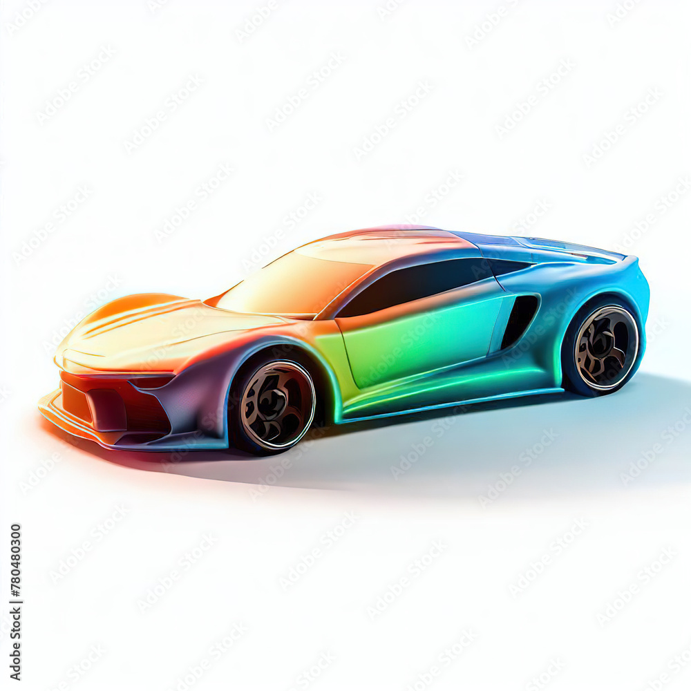 Obraz premium a classic sport car with bright colors isolated on a white background. shiny automobile with rainbow colors. 3d illustration made with generative AI technology 