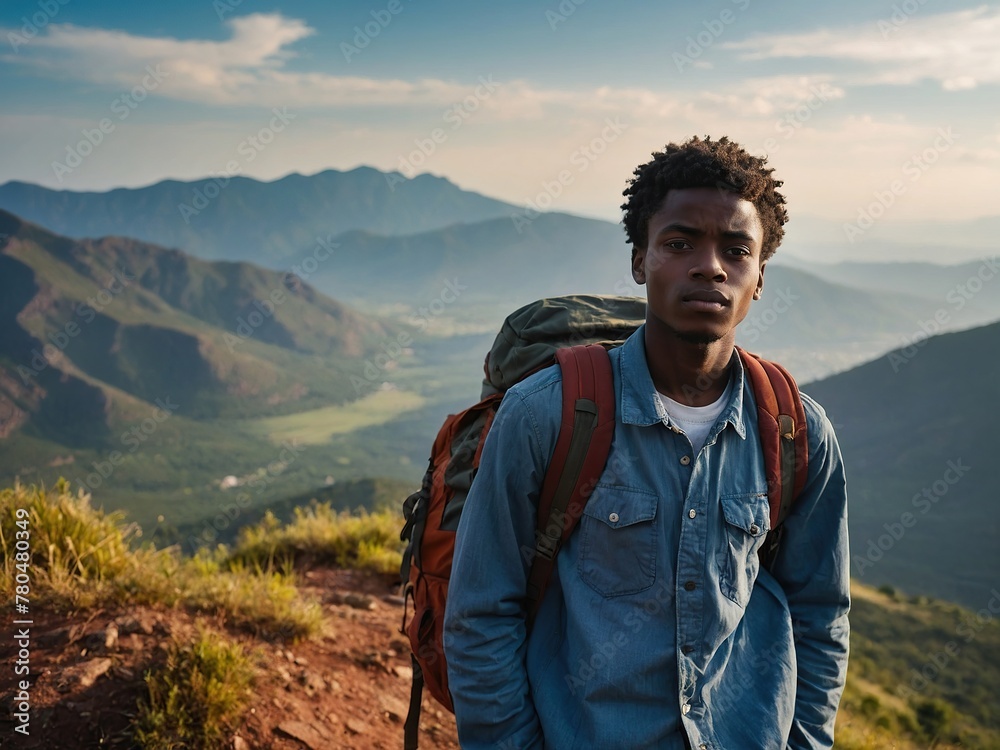 Young positive African American man with a tourist backpack stands on top of a rock in the mountains, travels and enjoys a beautiful view of the mountains, sky or nature. Untouched nature. Tourism 