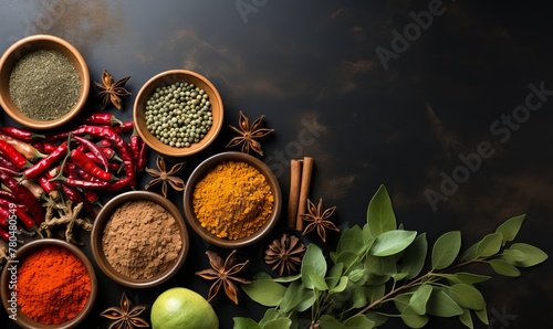 Various spices in bowls on a stone table. With copy space for your menu or recipe, top view