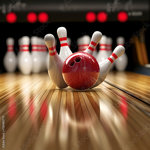 Bowling Ball crashing into the pins on bowling alley line   Bowling strike  Concept of Sport competition or Tournament