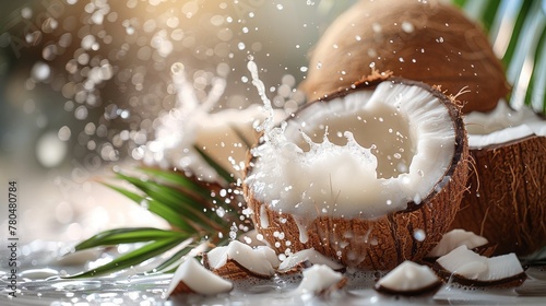 Coconuts with milk splash and leaf on white background photo