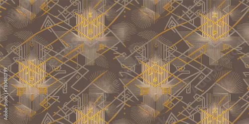 seamless Thai pattern background in a contemporary color palette, featuring intricate geometric shapes and delicate lines