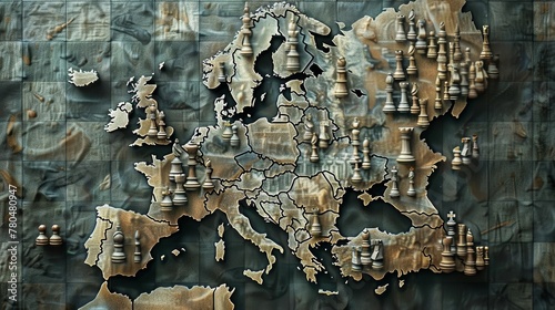 Europe map composed of chess pieces strategically placed on a chessboard texture 