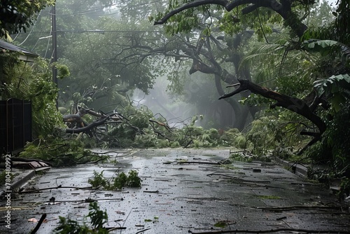 Hurricane-force winds sweep through the neighborhood, uprooting trees and scattering debris.