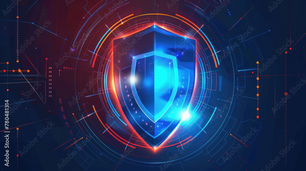 Digital security blue shield symbol. Cybersecurity or data protection concept background with free place for text