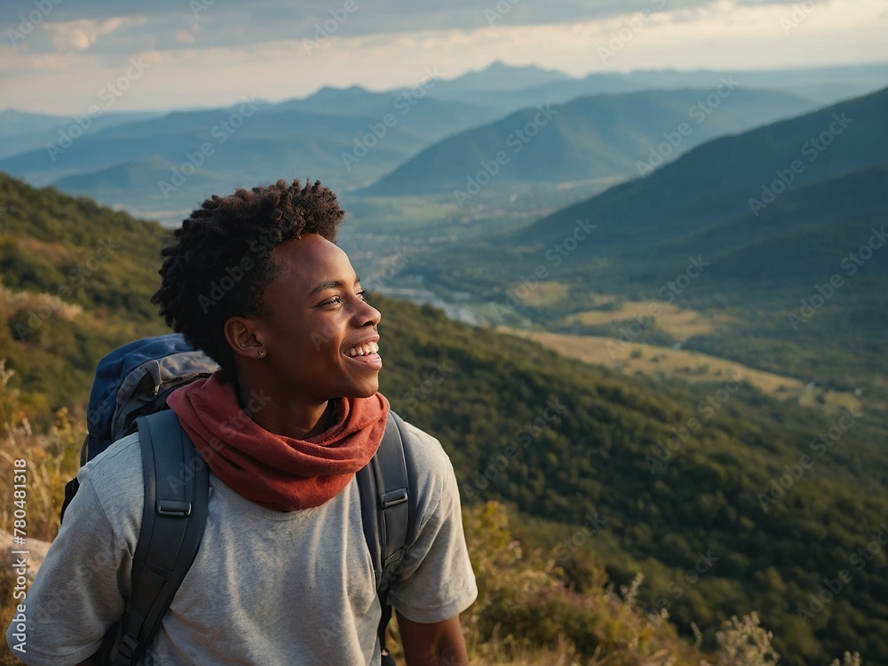 Young positive African American man with a tourist backpack stands on top of a rock in the mountains, travels and enjoys a beautiful view of the mountains, sky or nature. Untouched nature. 