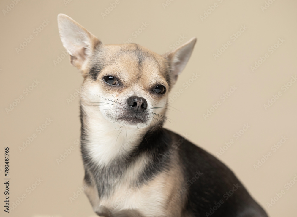 Young Chihuahua Dog on a beige background looking into the camera and squinting - studio portrait