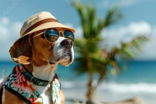 Adorable beagle puppy having fun at beach school