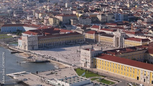 Aerial orbit parallax establishes iconic welcome tourist square in Lisbon Portugal photo