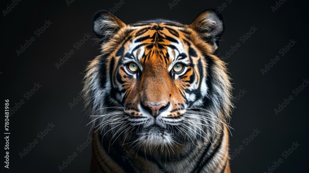 Captivating close-up of a tiger, eyes glowing against the dark, a powerful visage of nature's artistry, deep contrast highlighting every stripe, a moment frozen in time, AI Generative Captivating close-up of a tiger, eyes glowing against the dark, a powerful visage of nature's artistry, deep contrast highlighting every stripe, a moment frozen in time, AI Generative