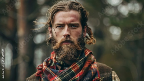 Highlander in traditional tartan plaid with a beard and intense gaze portrait in Scotland photo