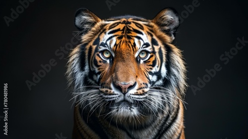 Captivating close-up of a tiger  eyes glowing against the dark  a powerful visage of nature s artistry  deep contrast highlighting every stripe  a moment frozen in time  AI Generative