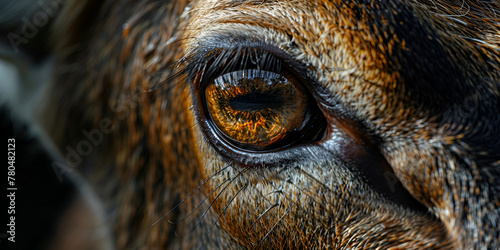 Closeup portrait of horse's head and eye dark Browne color brown hair most have eye black eyelashes 