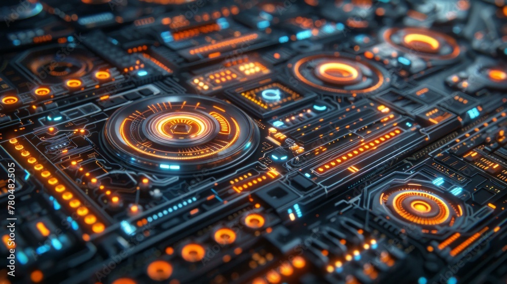 Fototapeta premium Sleek futuristic UI, holographic interfaces with neon accents, bustling cybernetic city backdrop, night, neon-lit ambiance, soft glows and sharp contrasts, AI Generative