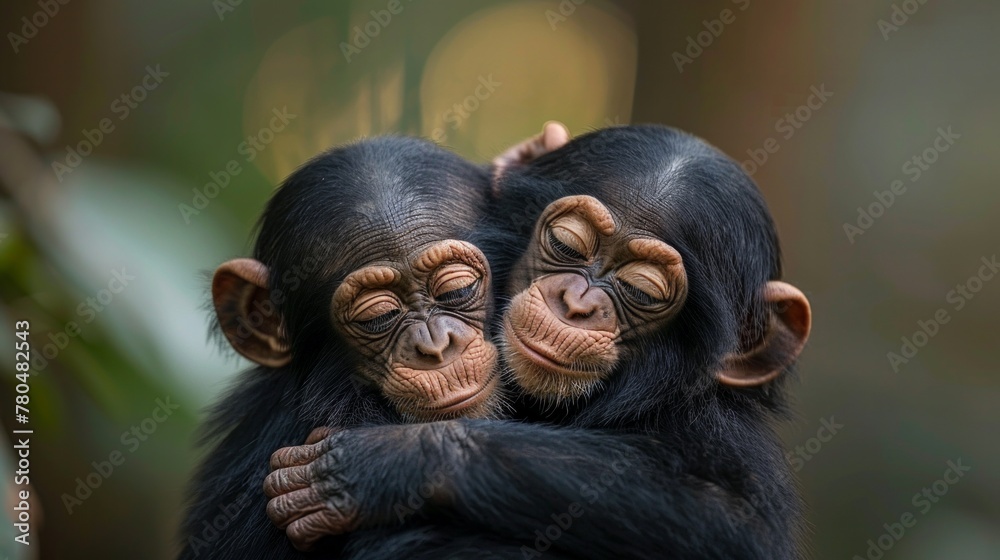 Two chimpanzees in a playful embrace, a moment of joy and camaraderie captured amidst their natural habitat, AI Generative