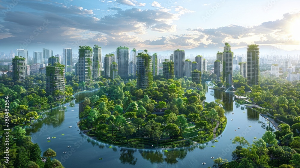 Vision of a green, healthy city, environmental technology in action, lush parks, clean air, sustainable living, AI Generative