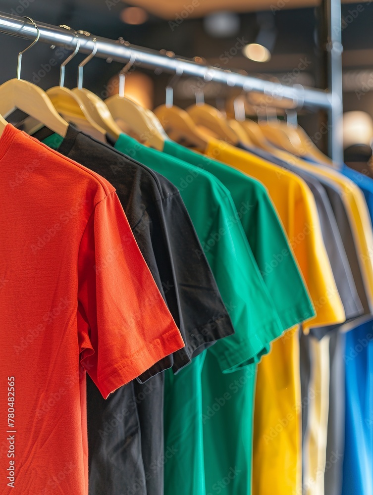 Obraz premium T-shirts in tinta unita di vari colori viste sugli appendiabiti. Abbigliamento, moda. 