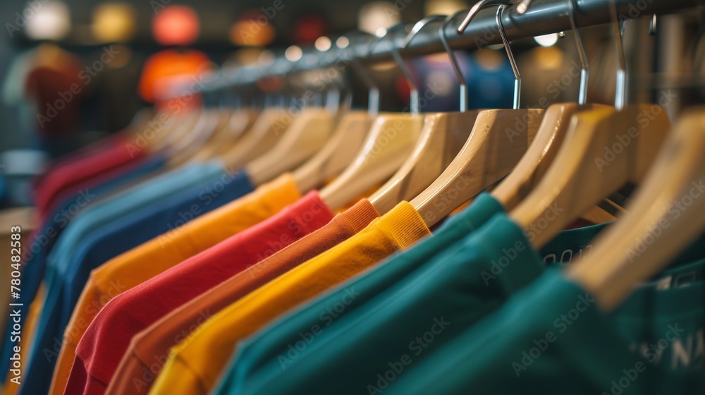 T-shirts in tinta unita di vari colori viste sugli appendiabiti. Abbogliamento, moda.
T-shirts in tinta unita di vari colori viste sugli appendiabiti. Abbogliamento, moda.