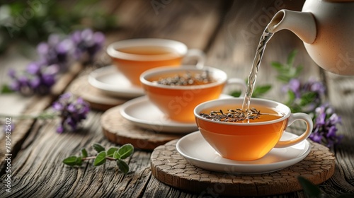 Pouring herbal tea  a soothing ritual  the liquid s journey into the cup symbolizing comfort and health  AI Generative