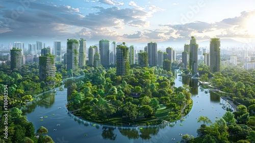 Vision of a green  healthy city  environmental technology in action  lush parks  clean air  sustainable living  AI Generative