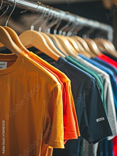 T-shirts in tinta unita di vari colori viste sugli appendiabiti. Abbigliamento, moda.
 photo