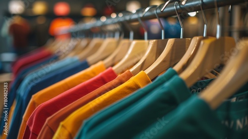T-shirts in tinta unita di vari colori viste sugli appendiabiti. Abbogliamento, moda.
 photo