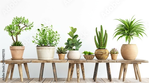 plants in pots on wooden stools, cut out on white background