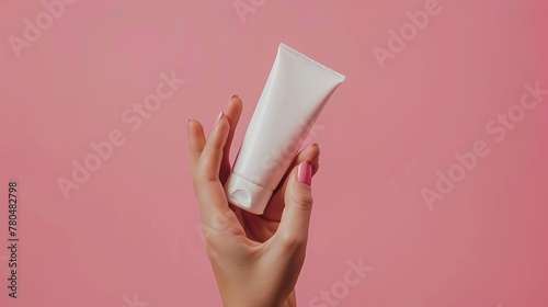 Mano di donna mostra confezione di crema. Sfondo rosa. photo