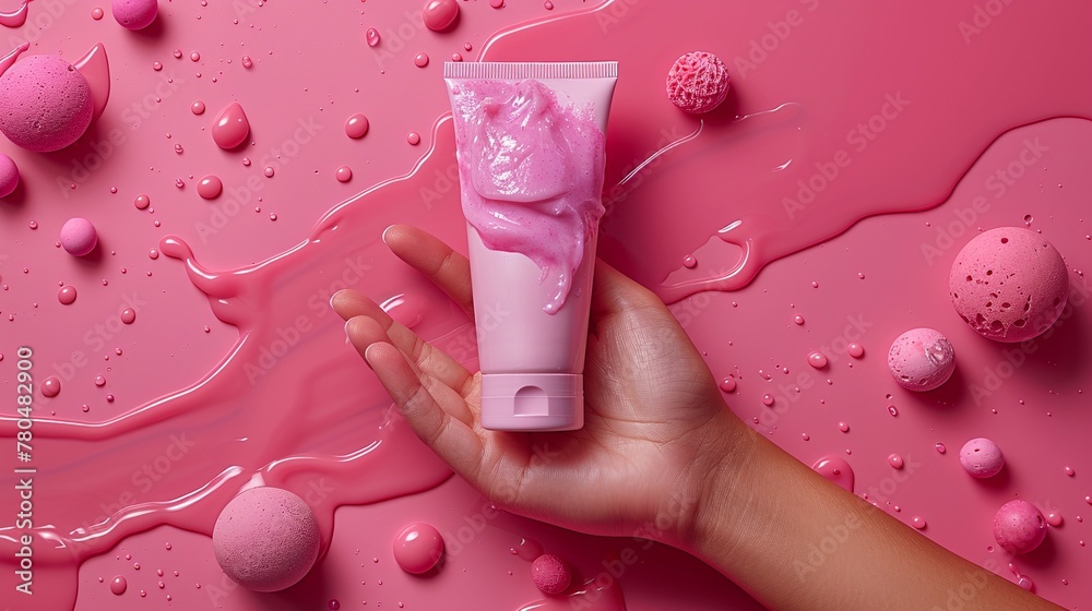 Mano di donna mostra tubetto di crema su un piano, dove è stata versata della crema rosa
Mano di donna mostra tubetto di crema su un piano, dove è stata versata della crema rosa