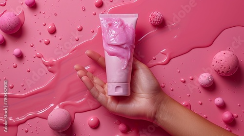 Mano di donna mostra tubetto di crema su un piano, dove è stata versata della crema rosa
 photo