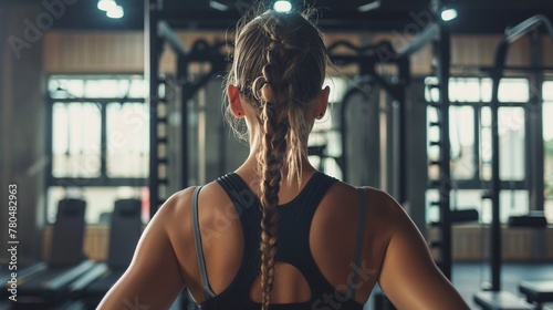 Donna vista di spalle, in ottima forma fisica, che pratica fitness. Sullo sfondo attrezzature sportive photo