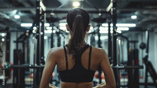 Donna vista di spalle, in ottima forma fisica, che fa fitness. Sullo sfondo attrezzature sportive photo